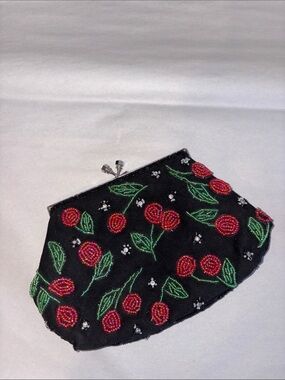 Hand Beaded cherry 🍒 clutch with silver hardware detachable crossbody chain.